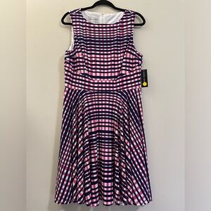 NWT Donna Morgan Plaid A-Line Sleeveless‎ Dress in Navy, Pink, & White - 12